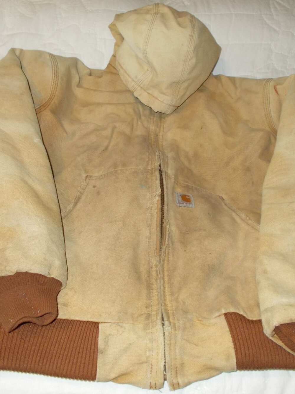 CARHARTT Brown Hooded Lined Mens Large Distressed Thrashed Sun Faded